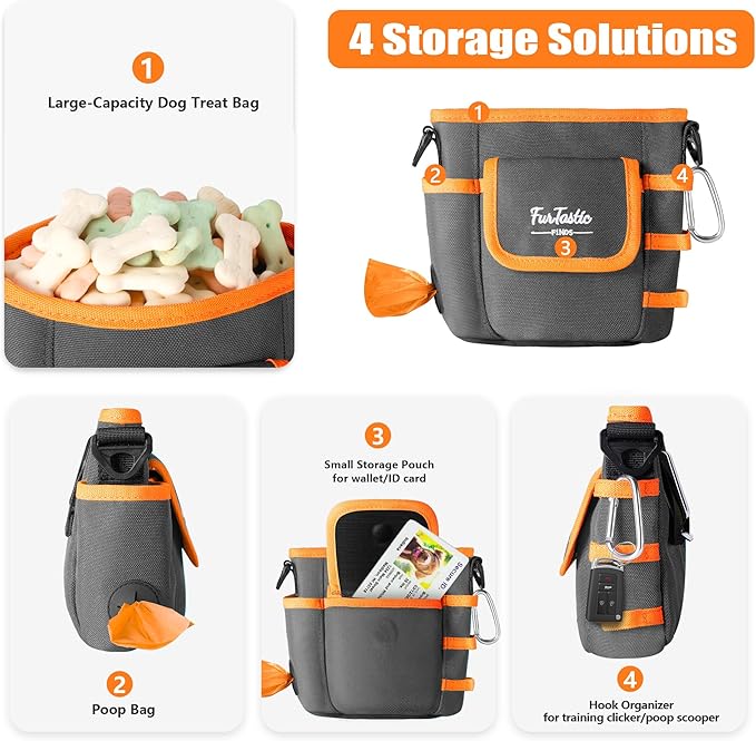 Upgraded Dog Treat Pouch with Quick-Release Magnetic Closure, 3-Way Wear Treat Bags, 900D Waterproof Fabric, 4 Storage Spaces, Treat Pouch for Pet Training Walking (Dark Grey)