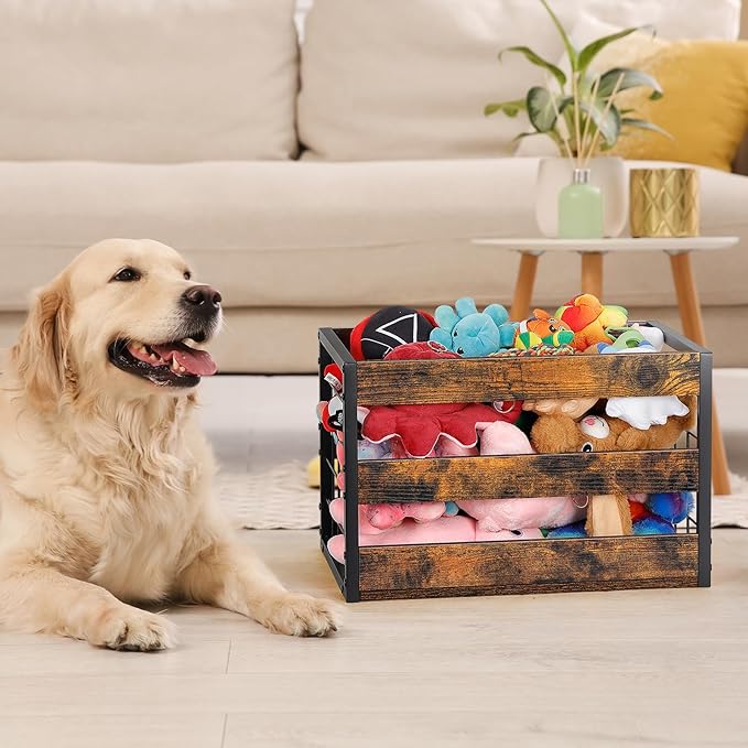 CADUKE Dog Toy Basket, Large Dog Toy Storage Bin for Pet, Metal Dog Toy Box with Handle, Chew-Proof Dog Stuff Organizer for Puppy Leash, Food, Accessories