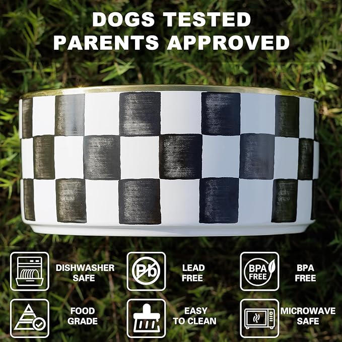 Ceramic Dog Bowls for Medium Dogs, 3.5 Cup Checkered Dog Food and Water Bowl with Acacia Wood Stand, Non-Slip Anti-Tip Elevated Feeding Station, Black and White