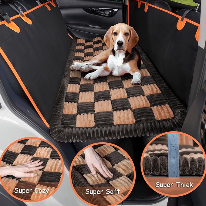 Dog Bed for Car Back Seat, Non-Slip Backseat Dog Car Bed Mat, Soft Furry Travel Pet Mat, Washable Blanket Custom Fit for Backseat Extenders and Hammock Seat Covers(54"×25" Brown)