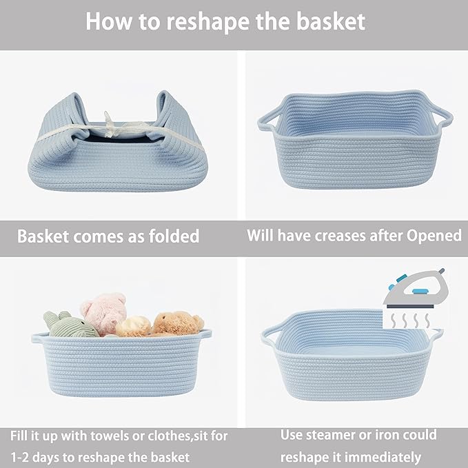 XUANGUO Woven Cotton Rope Storage Basket with Handles for Organizing Shelves Closet Small Cat Dog Pet Toy Baskets Box Bin Decorative Rectangle Baby Nursery Basket Gift Basket Empty blue