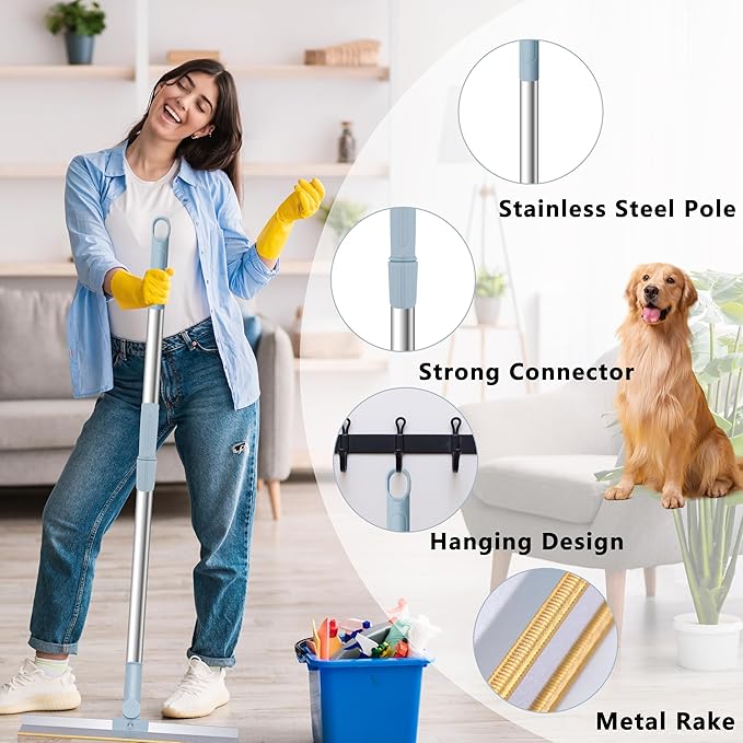 Reusable Pet Hair Removal Tool, Long Handle Adjustable for Couch, Rugs (Gray)