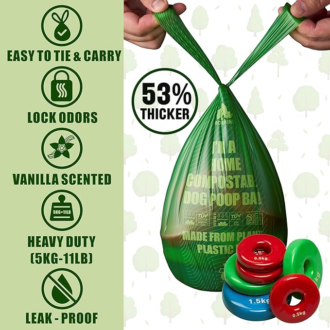 Ultra Thick & Deep RockRhino Dog Poop Bags for Large & XL Breeds | 4-Layer Interlocked Bottom | 100% Home Compostable, 0% Plastic | Vanilla-Scented | 60 Bags, Easy Open Tie Handles, Not for Scooper