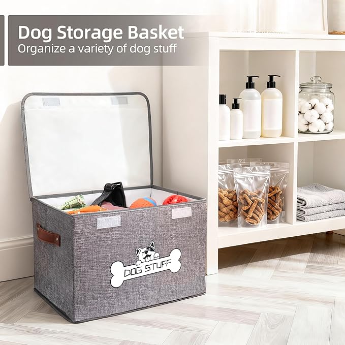 Thankspaw Fabric Dog Toy Box with Lid, Collapsible Storage Bin, Basket Organizer with Handle for Dog Toys, Blankets and Accessories, Grey