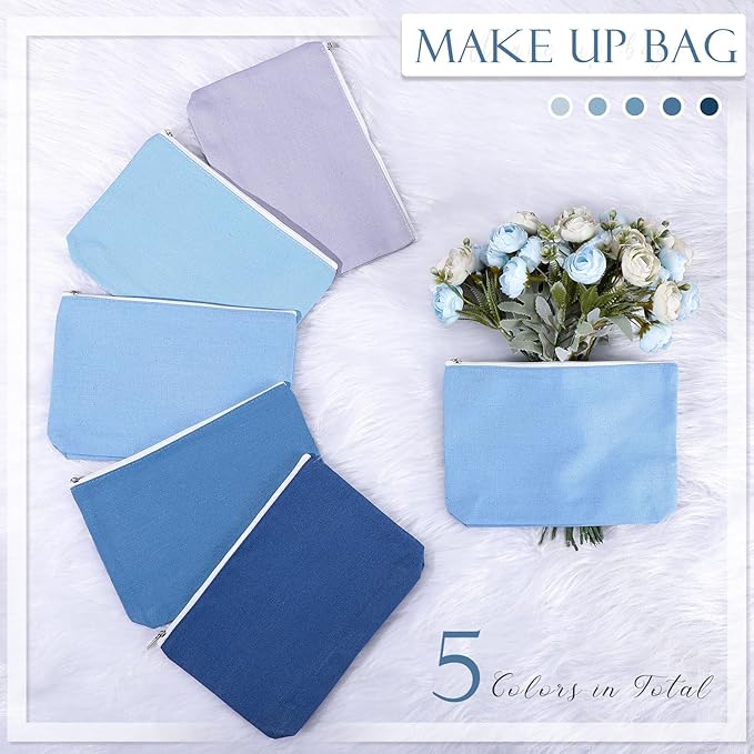 Reginary 10 Pcs Valentines Canvas Makeup Bags Bulk for Women Travel Toiletry Cosmetics Bags Blank DIY Pencil Pouch, Gift for Valentines Patrick's Day Wedding Bridal Shower Coworker(Blue)