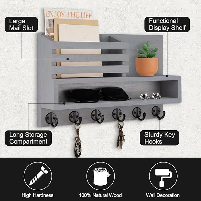 Lucundm Key and Mail Holder Wall Mount, Key Hanger with Long Storage Box and Key Hooks for Coat, Dog Leash, Home Decor Rack, House Accessories, Entry Way Organizer