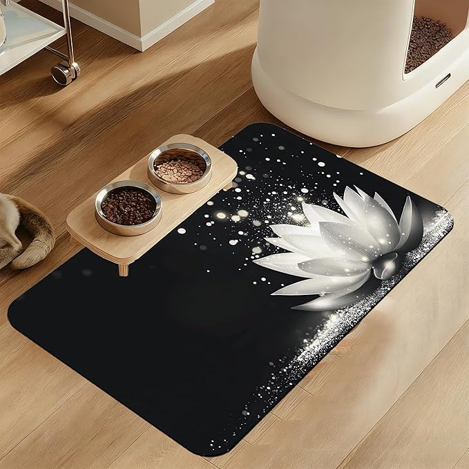 Magic White Lotus Pet Feeding Mat–Quick Dry Absorbent Dog Cat Food Mat, Non Slip Waterproof Bowl Placemat for Messy Eaters, Pet Accessories for Floors 16"x24"