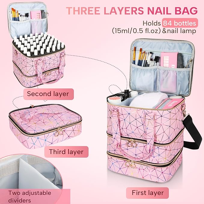 Nail Polish Organizer Bag Holds 84 Bottles & Nail Lamp, 3 Layers Nail Kit Storage Carrying Case Pu Leather, Large Nail Supplies Organizer With Shoulder Strap, Portable Travel Nail Bag,Pink
