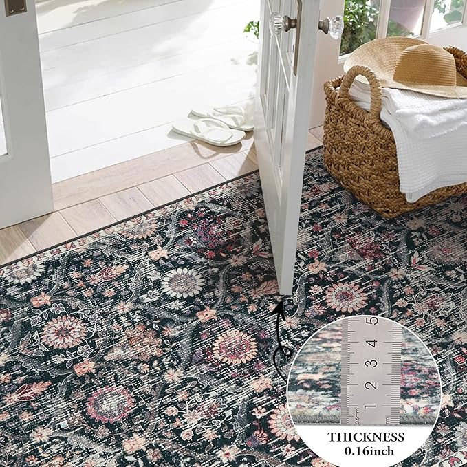 Lahome Moroccan Trellis Washable Round Area Rug, Round Rug 5ft Soft Non-Slip, Non-Shedding Distressed Circle Carpet for Bedroom Living Room Bathroom Nursery Kitchen Elise, Black/Multi