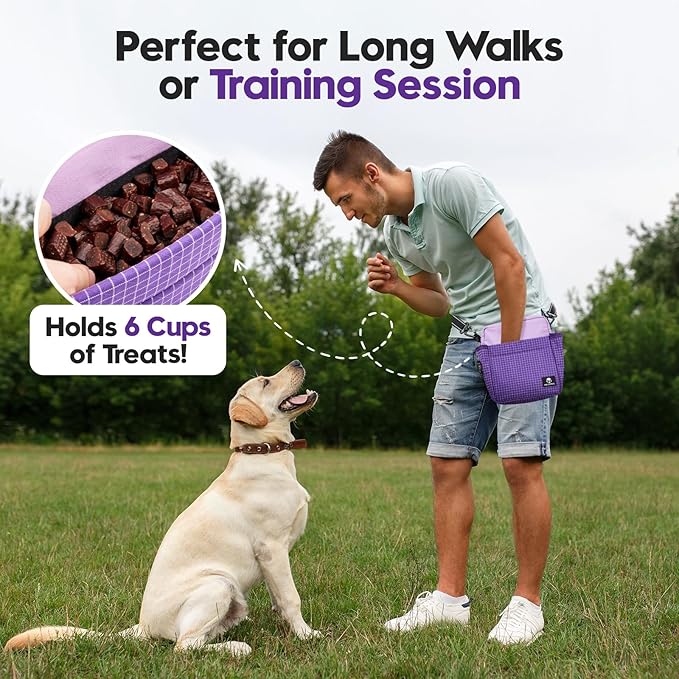 WILDOMS Dog Treat Pouch – Large Capacity with Magnetic Closure, Dog Walking Fanny Pack Built-in Poop Bag Dispenser, Clicker & Collapsible Bowl for Training & Walking - Purple