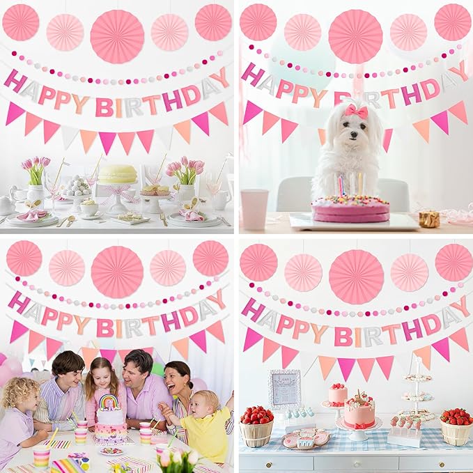 Pre-Strung 3D Felt Happy Birthday Banner, Reusable Pink Birthday Party Decorations for Women, Happy Birthday Sign with Felt Ball Garland, Pennant Flag, Hanging Paper Fans