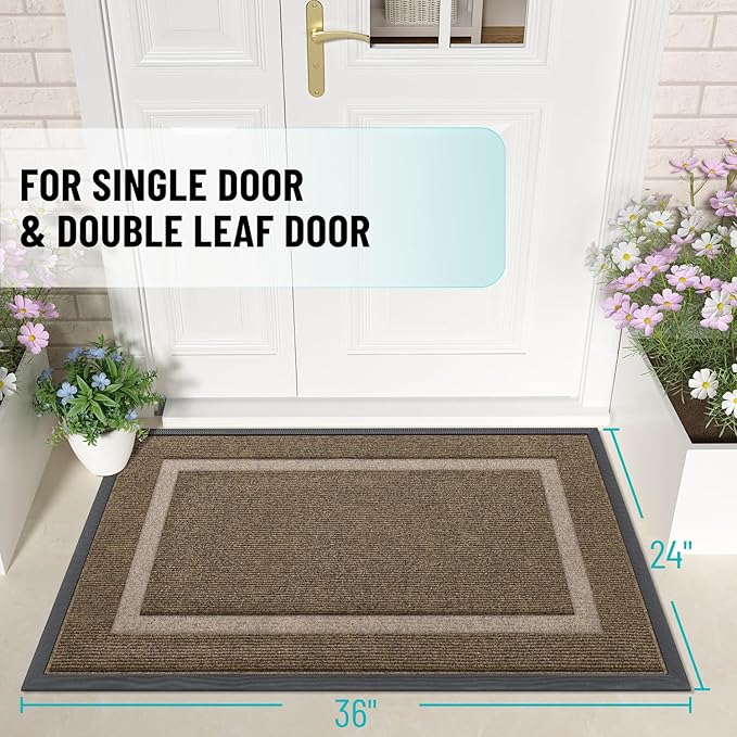 OLANLY Front Door Mat Indoor Outdoor Entrance, Waterproof All-Season, All-Weather Doormat, Sturdy Natural Rubber, Fade Resistant, Low Profile, Easy Clean Patio Porch Entryway Mat, 35x23, Brown