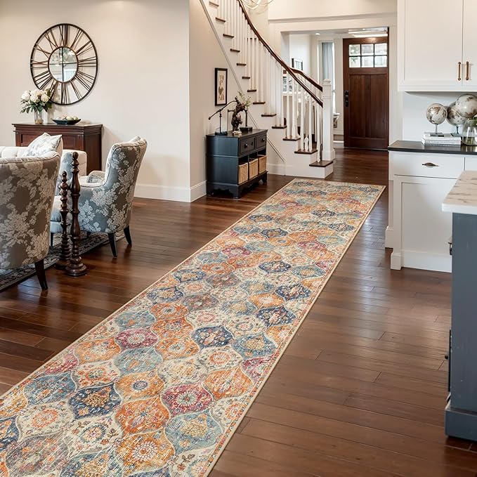 Lahome Moroccan Washable Runner Rug 2x10, Kitchen Runners for Hallways Rubber Backing Ultra-Thin Vintage Hallway Rug Non-Slip Carpet for Entryway Bedroom Laundry Room Elise, Cream/Multi