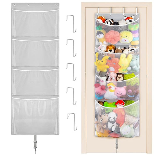 Hanging Stuffed Animal Storage, Over Door Large Plush Toy Organizer with Metal Hook, Baby Accessory Holder Idea for Nursery, Doll & Bear Mesh Hammock Bag for Girl Boy Kid Room