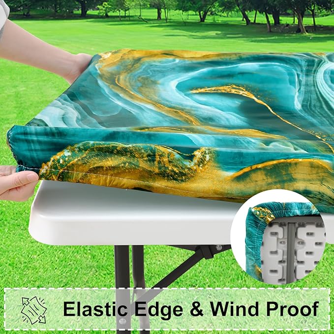 misaya Rectangle Vinyl Tablecloth, Fitted Table Cover, 100% Waterproof, Elastic Edge, Flannel Backing, Table Cloth Fit 8 Foot Folding Tables for Picnic, Outdoor (Ripples, 30x96 inch)
