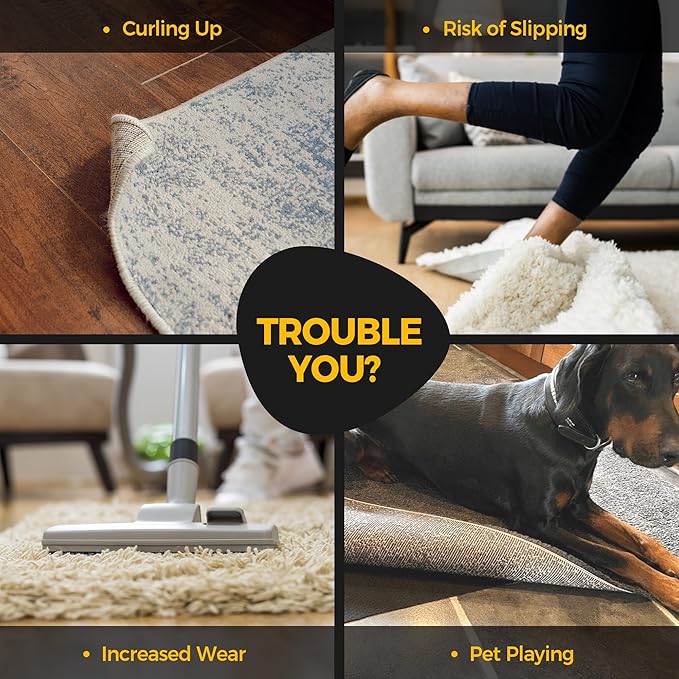 12 Pcs Rug Tape, Non Slip Rug Pads Grippers for Hardwood Floors and Tiles, Double Sided Adhesive Carpet Tape, Reusable and Washable Tape Grippers for Area Rugs to Keep Rugs in Place