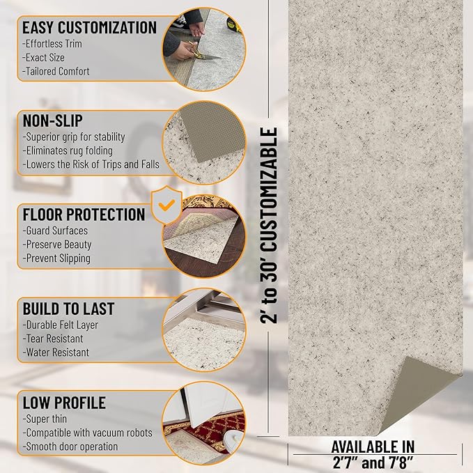 Ottomanson 4' x 7'8" Non-Slip Rug Pad Gripper 1/12 Inch Ultra Thin Dual Surface Felt + Rubber Gripper - Safe for All Floors, Cream