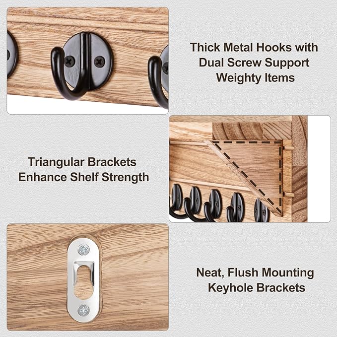 Wall Key Holder, Rustic Shelf with Hooks Made of Paulownia Wood Holds Keys, Dog Leash, Bags and More - 13.7" W x 4.7" H x 3.5" D Decorative Key Hanger and Entryway Shelf