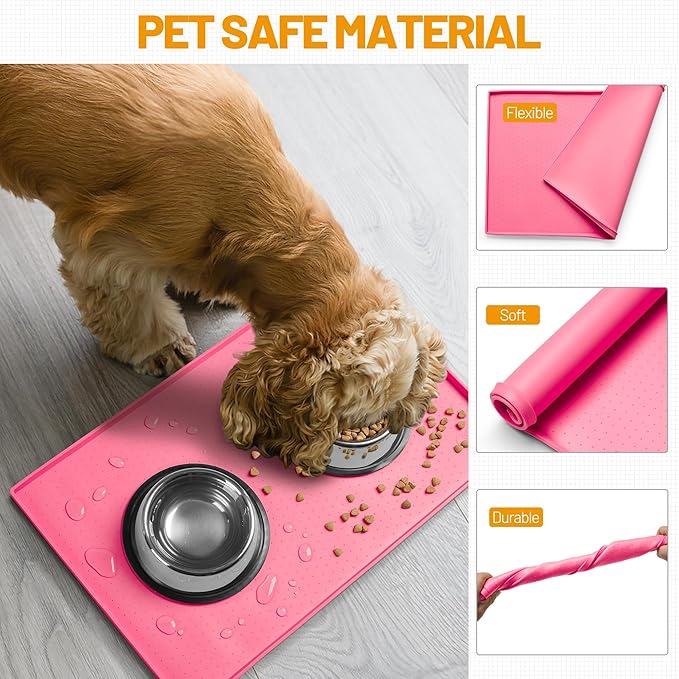 Hubulk Dog Feeding Mat,100% Waterproof Food Grade Silicone Pet Food and Water Bowl Placemat,Dishwasher, High Raised Edge to Prevent Spills,Nonslip Tray to Stop Messes on Floor (32"x24"x1.0", Pink)