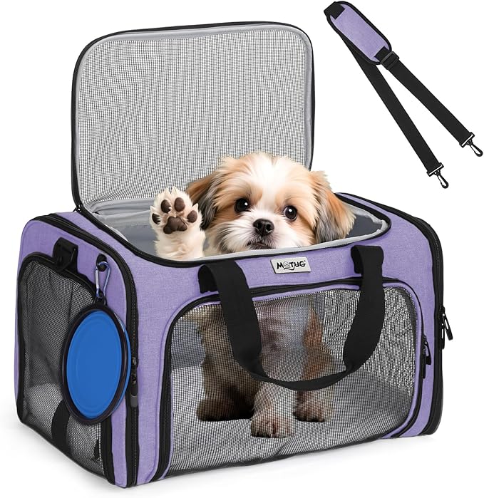 Pet Carrier for Cats & Small Dogs, Travel Carrier with Anti-Collapse Support, Chew Resistant Buckles, Luggage Sleeve, Multi-Pocket Storage, Reversible Mat & Bowl (Purple, Medium (17.5"x11"x11.5"))