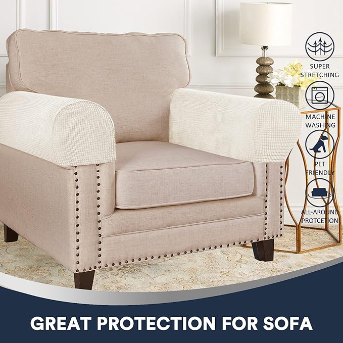 Stretch Sofa Armrest Covers Spandex Jacquard Arm Covers for Chairs and Sofas Anti-Slip Couch Armrest Covers with Sticker Furniture Armrest Protector for Sofa Couch Chair Recliner, Set of 2, Beige