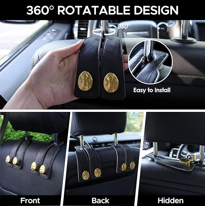 4 PCS Leather Car Seat Hooks for Headrest, Vehicle Hanger Storage Organizer Universal for Handbag Purse, Car Accessories Gift (Black-Gold-4 PCS)