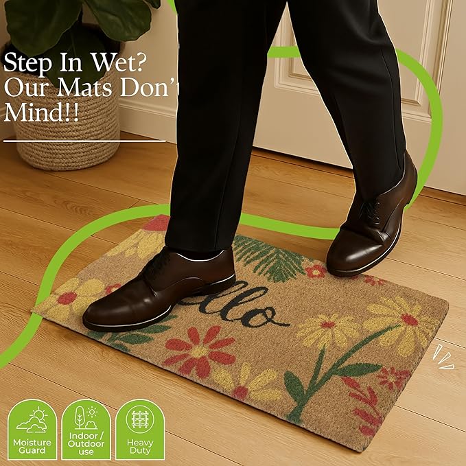 COCONIQ Coir Door Mats 17" X 30", Non-Slip Sturdy, PVC Backed Heavy Duty, Easy to Clean, Ideal for Door Entrance, Patio, Porch, Backyard, Garages, Vibrance of Flora - Hello
