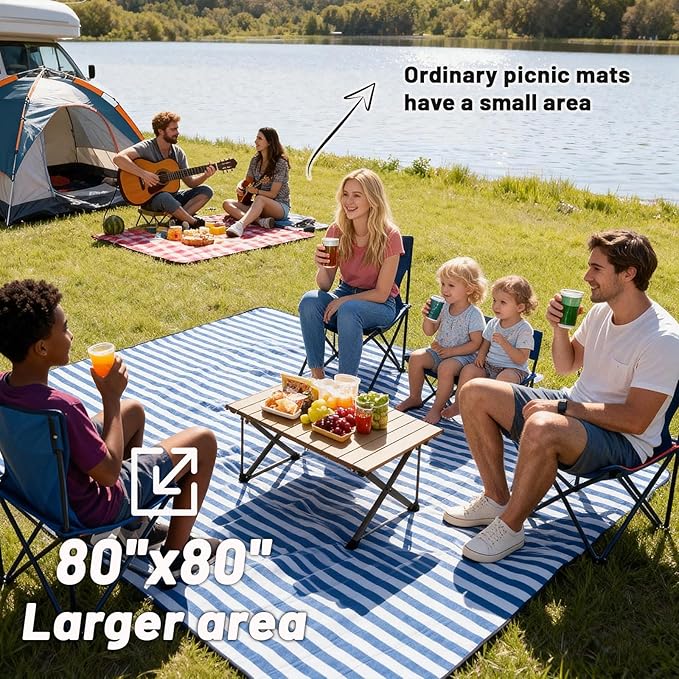 Large Picnic Blanket 80"x80" – Extra Large Waterproof Sandproof Outdoor Blanket for Beach, Grass, Park, Lawn, Camping, Wedding Registry Gift, Foldable & Portable Mat for Family Travel
