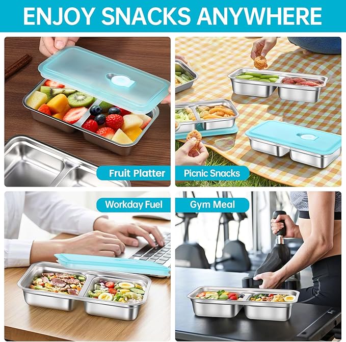 4 Pack Stainless Steel Snack Containers Reusable, Grab and Go 2 Compartment Food Storage Meal Prep Containers with Lids Stackable for Travel Camping School Lunch, Gifts for Gym Home Cooks