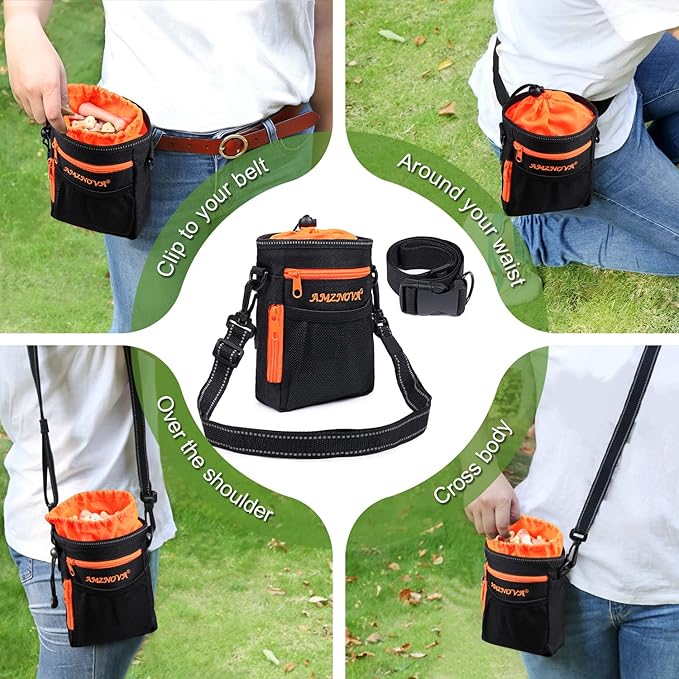 AMZNOVA Dog Treat Bag Treatkit Dog Treat Pouch, Waist Clip On Crossbody Fanny Pack for Pet, Training Pouch with Shoulder Strap & Waist Belt for Walking & Training, 6Cups, Black