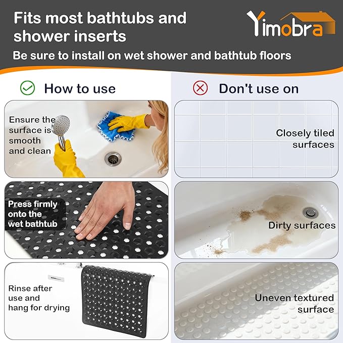 Yimobra Bath Tub Mat Non Slip, 34.5"x15.5" Long Shower Mat, Machine Washable Bathmat with Drain Holes and Suction Cups, Soft on Feet, Bathroom Essentials, Black