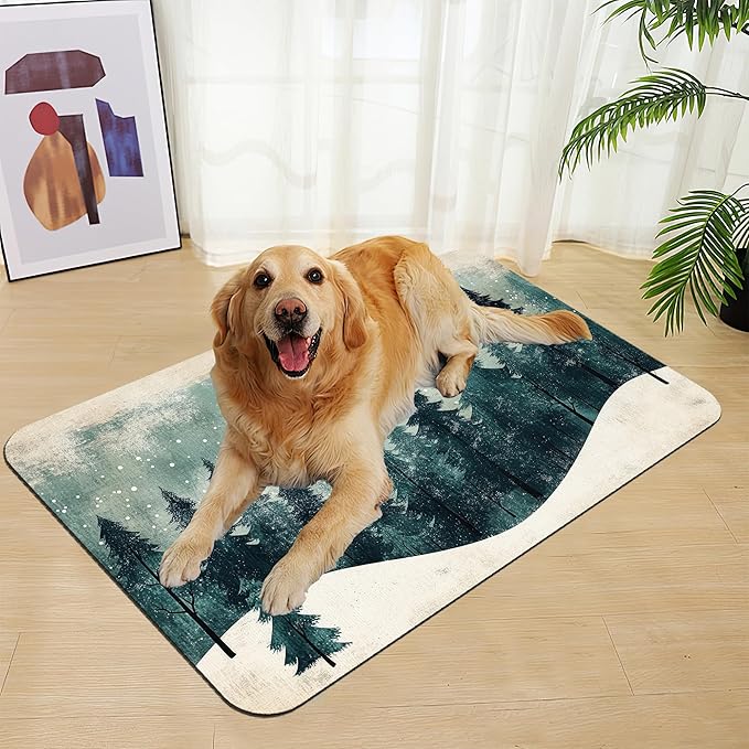 Mysty Winter Fores Pet Feeding Mat–Christmas Stocking Quick Dry Absorbent Dog Cat Food Mat, Non Slip Waterproof Bowl Placemat for Messy Eaters, Pet Accessories for Floors 16"x24"