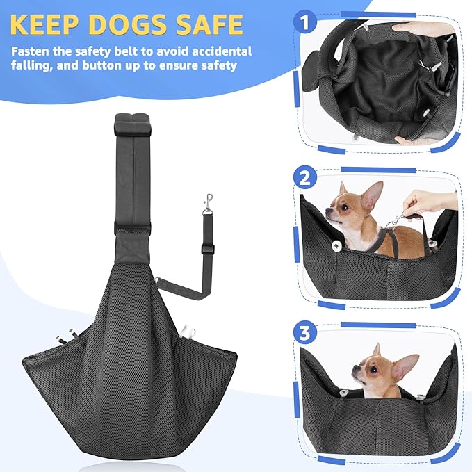 SlowTon Dog Carrier Sling - Thick Padded Shoulder Strap Adjustable Dog Carriers for Small Dogs, Puppy Carrier Purse for Pet Cat with Front Zipper Pocket Safety Belt Machine Washable (Grey Mesh L)
