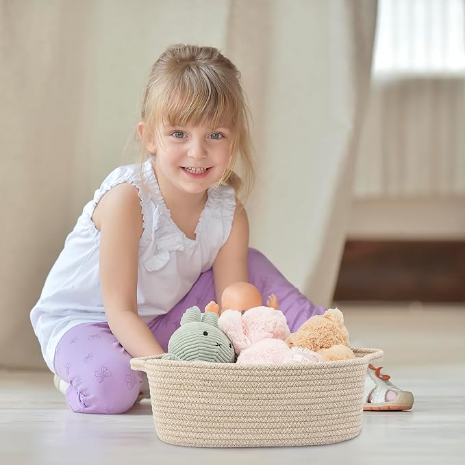 XUANGUO Woven Cotton Rope Storage Basket with Handles for Organizing Shelves Closet Small Cat Dog Pet Toy Baskets Box Bin Decorative Rectangle Baby Nursery Basket Gift Basket Empty oatmeal
