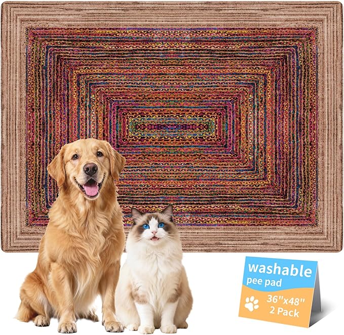 Dog Pee Pads Training Pads Upgrade Triple Thickness All-Purpose Super Absorbent & Leak-Proof, Quick Dry and Leak-Proof and Odor Control (Sisal Bohemian Print, 36" x48"x2PCS)