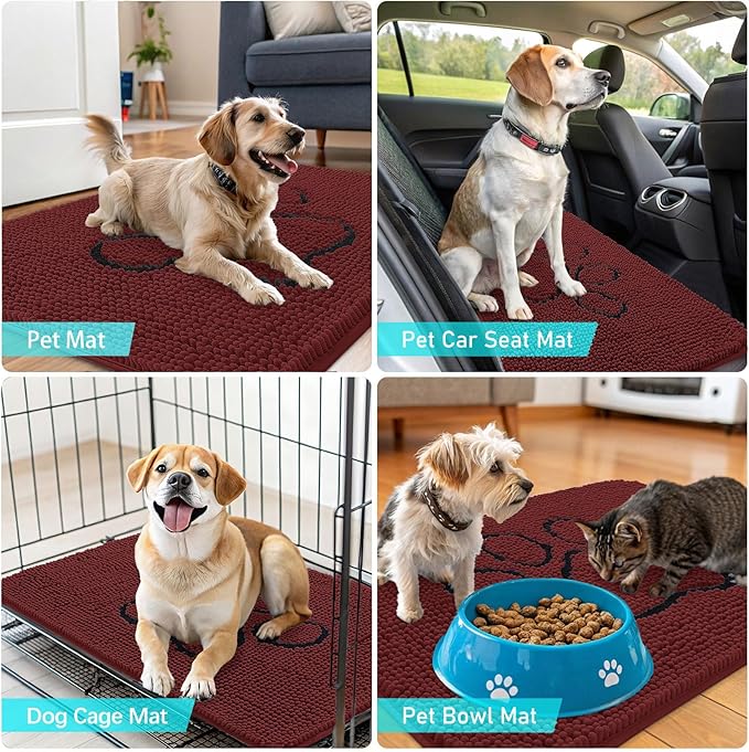 OLANLY Dog Door Mat for Muddy Paws 30x20, Paw Print Design, Absorbs Moisture and Dirt, Absorbent Non-Slip Washable Doormat, Quick Dry Chenille Mud Mat, Entry Indoor Entryway Carpet, Caramel Russet