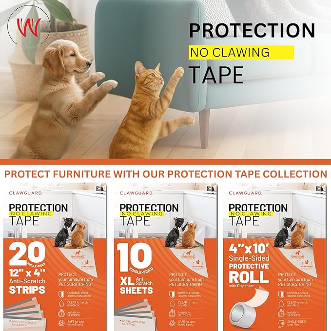 CLAWGUARD Protection Tape Strips – 20 Pre-Cut 12x4 in Scratch Barriers – Door Scratch Protector Dog & Cat – Couch Protector from Cat Claws