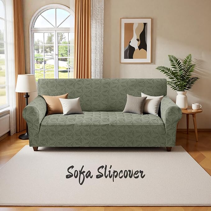 YEMYHOM 1 Piece Stretch Couch Covers for 3 Cushion Couch, Jacquard Sofa Cover with Non-Slip Elastic Bottom, Thickened Slipcover Furniture Protector for Dogs Pets (Large, Army Green）