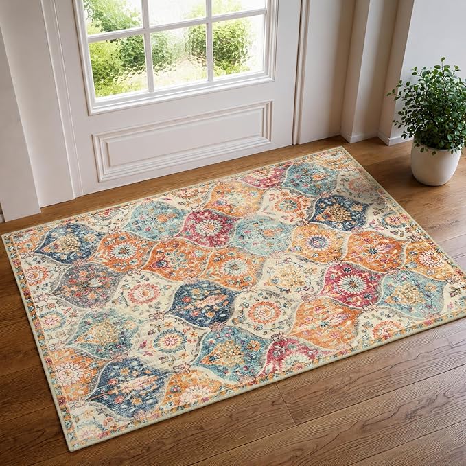 Lahome Moroccan Trellis Washable Rug, 2x3 Kitchen Rugs for Entryway Bathroom, Non-Slip Indoor Door Mat Ultra-Thin, Small Oriental Throw Carpet for Bedroom Entry Elise, Cream/Multi