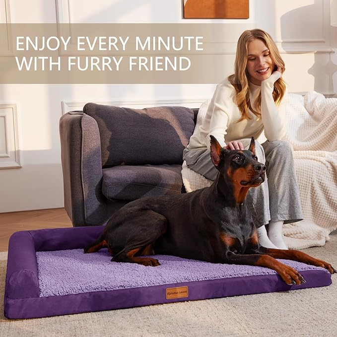 Patas Lague Orthopedic XL Dog Bed Large Sized Dog 42''X28'', Waterproof L Bolster Big Large Pet Sofa Beds with Removable Washable Cover, Soft Pet Couch Crate Mat with Nonskid Bottom, Purple