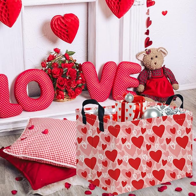 FXOCSHE Rectangular Pink Valentine's Day Gift Basket,nursery basket,Pink girls gift baskets,kids toy storage Bin, Love Heart Room Decor for Home,Shelf Baskets(More Love)