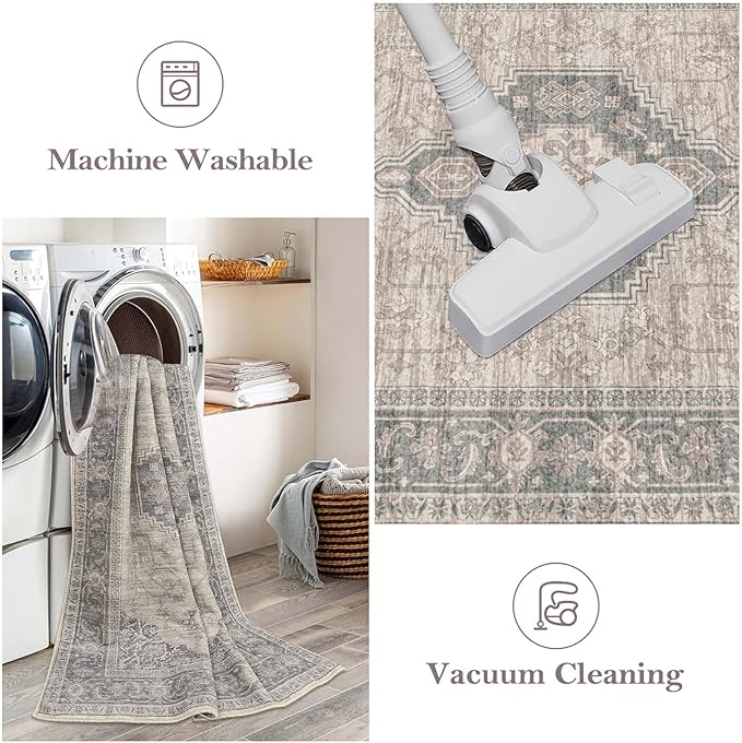 Lahome Oriental Washable Runner Rug Non Slip, 2x7 Rug Runners for Hallways Kitchen, Ultra-Thin Hallway Rugs for Laundry Room Bathroom Bedroom Eleanor, Grey/Brown