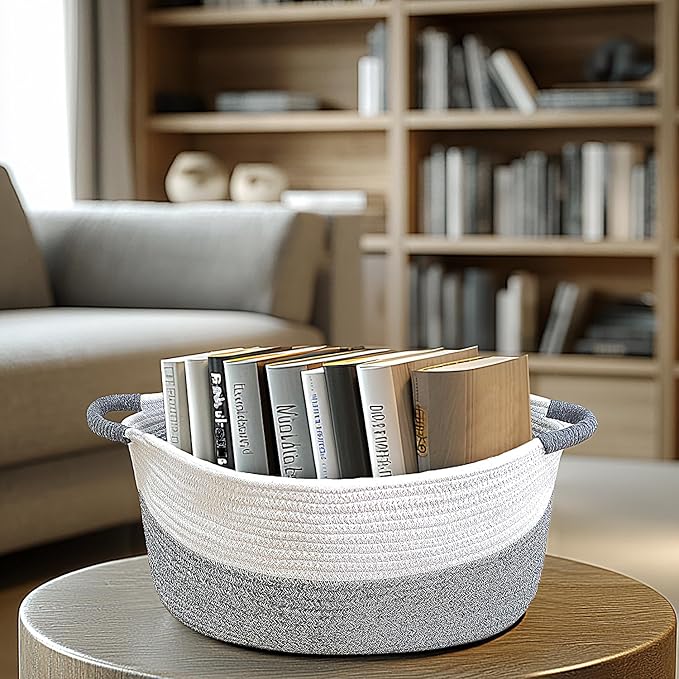Medium Rope Basket with Handles, Medium Bohe Storage Basket, 17 "L x 12.5" W x 8.5 "H, Home Decor Organizer for Towels,toys, Books & Magazines