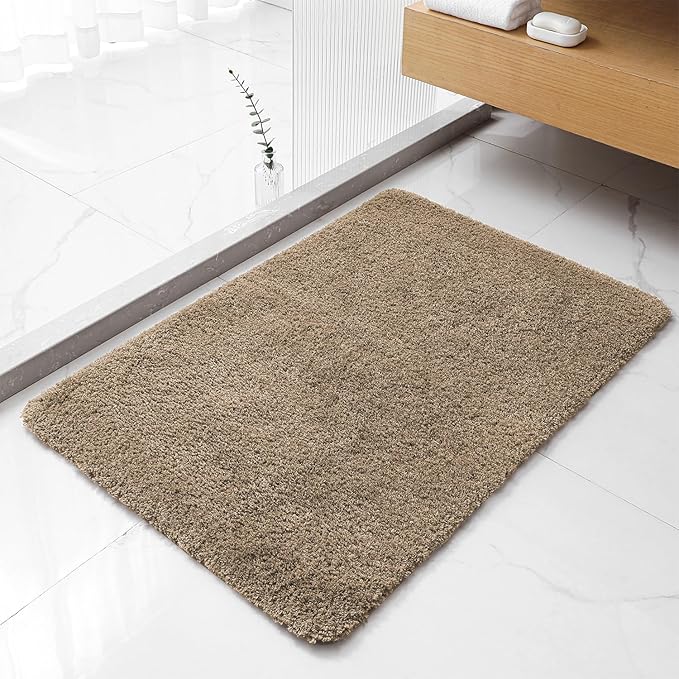 Light Brown Bathroom Rugs 24"x36" - Fluffy Microfiber Bath Mat, Non Slip and Absorbent Bathroom Floor Mat, Machine Washable Plush Rug - Ideal for Tub, Cabinet or Washroom
