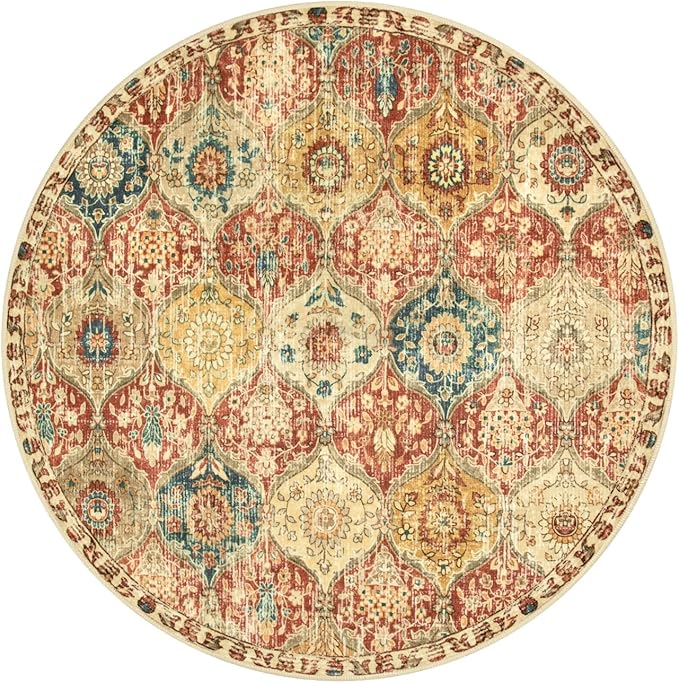 Lahome Moroccan Trellis Washable Round Rugs, Non-Slip Soft Round Rug 4ft Ultra-Thin, Small Vintage Circle Carpet for Entryway Kitchen Bedroom Nursery Bathroom Elise, Red/Orange