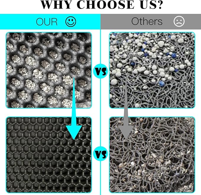 Cat Litter Mat 24x18 Inches, Honeycomb Double Layer Traps Litter & Waterproof Leatherette Bottom Prevents Urine Leaks, Durable & Easy Clean Pet Floor Protector for Cat Litter Box Area（Grey）