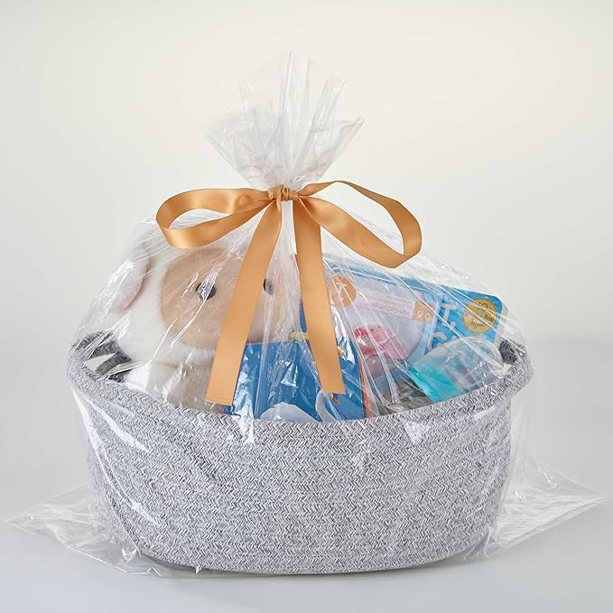 Small Woven Gift Basket Empty with Bag & Ribbon - Gifts for Mom, Baby Shower, Birthdays & Raffle - Cotton Rope Storage Basket for Dog Toys or Shelf - 12"x8"x5", Gray, 2 Packs
