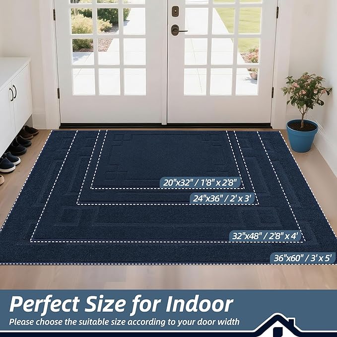 BEQHAUSE Door Mat 24" x 36", Non-Slip Door Mats Indoor Entryway Rugs Washable Low-Profile Absorbent and Stain Resist Floor Mats, Dog Door Mat for Front Back Door, Muddy Wet Shoes & Paws, Navy Blue