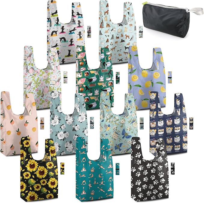 BeeGreen Animal Reusable Grocery Bags Bulk Gifts 12-Pack - Large Tote with Zipper Pouch | Foldable & Washable Polyester Shopping Bags Heavy Duty Animal Lover Gifts Reusable Bag With Handles