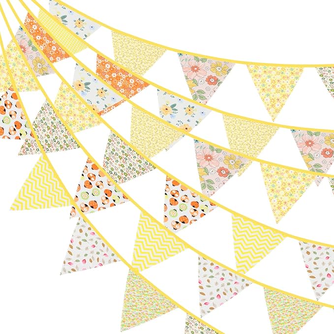G2PLUS 39Ft Triangle Bunting Banner, 42Pcs Yellow Floral Garland Pennant Banner, Reusable Cotton Triangle Flags Party Decoration for Birthday, Wedding, Garden Tea Party, Baby Shower, Room Decor